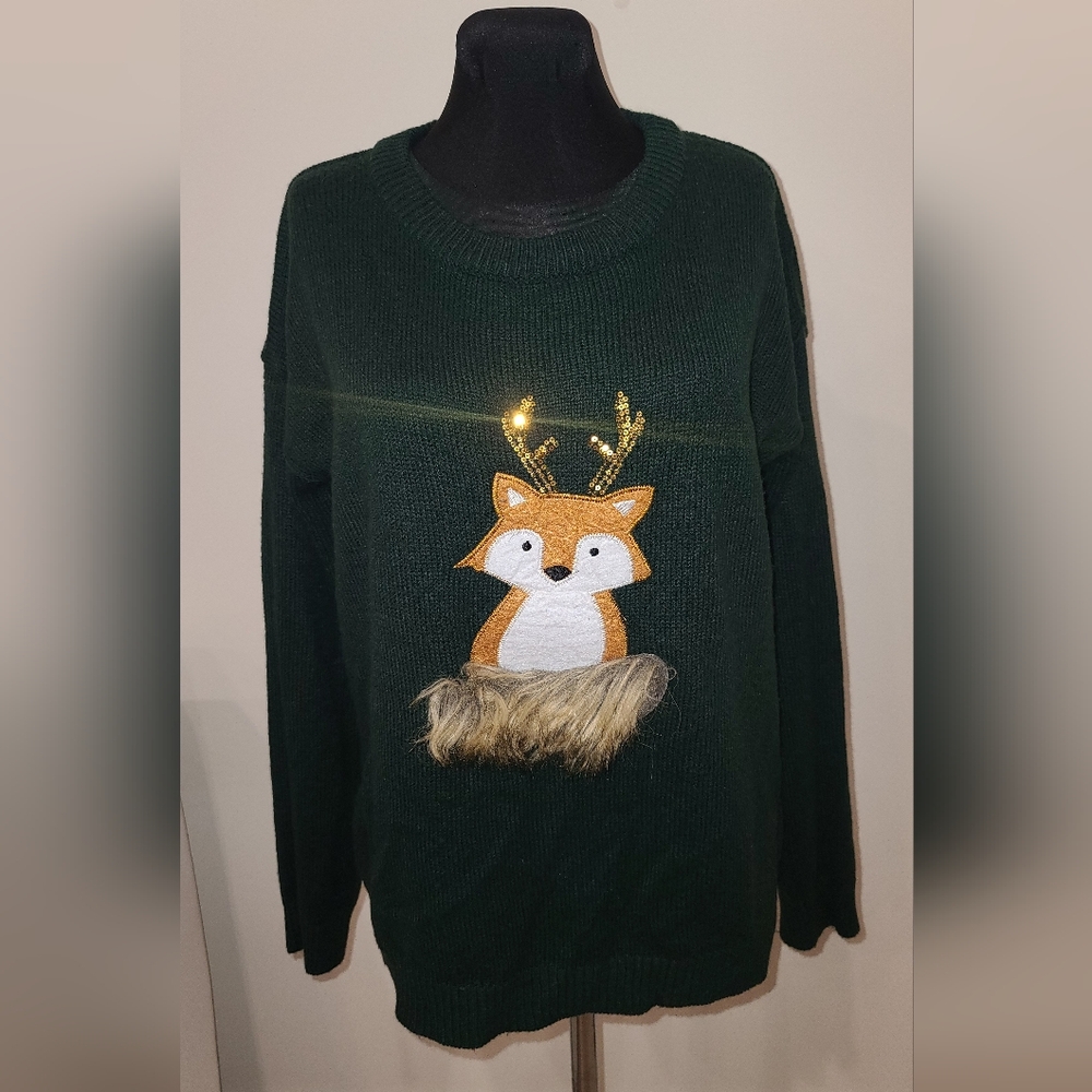 Brave soul forest green FOX APPLIQUE SWEATER WITH FAUX FUR AND SEQUIN, S